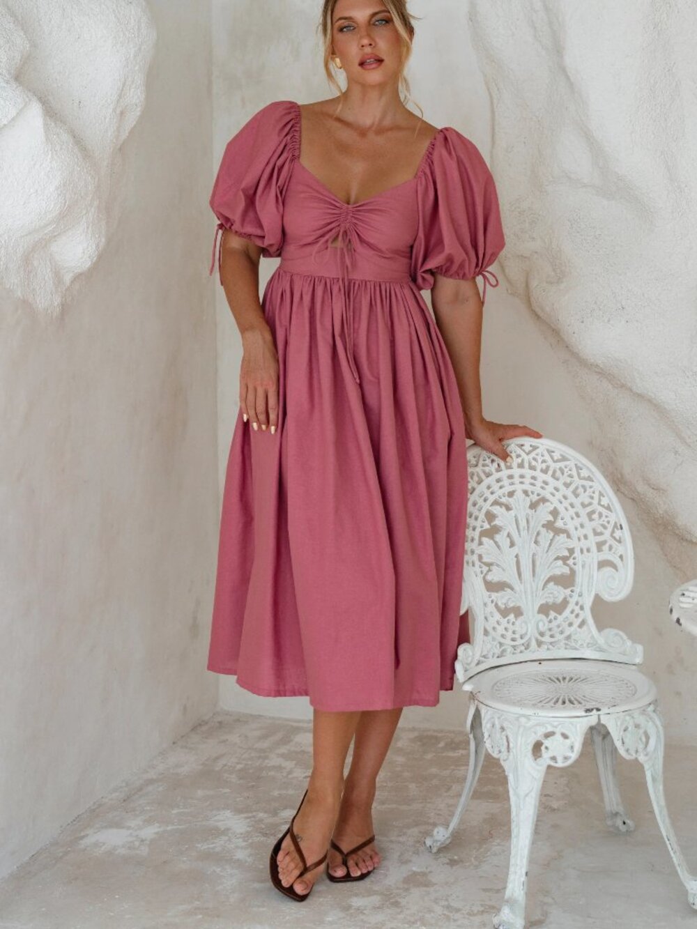Whimsical rose-colored puff sleeve linen dress with tie front EUC